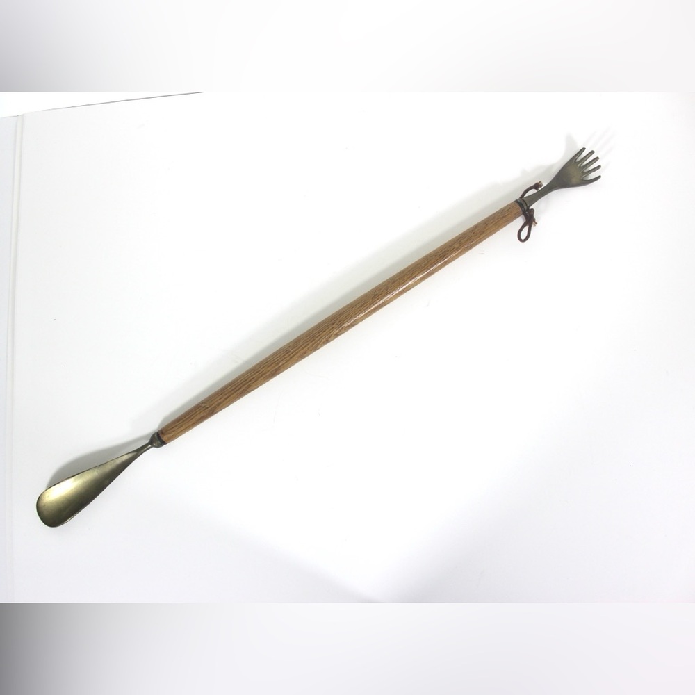 Brass and Oak Wood Shoe Horn and Hand Back Scratcher Retro Mid Century Modern